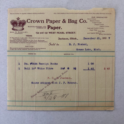 Crown Paper & Bag Company Jackson Michigan 1908 Receipt Invoice Document Lot 5x
