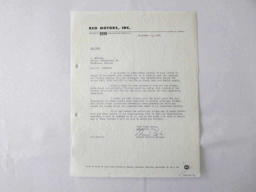 1956 REO Motors inc Letter Letterhead Document REO Truck Bus +