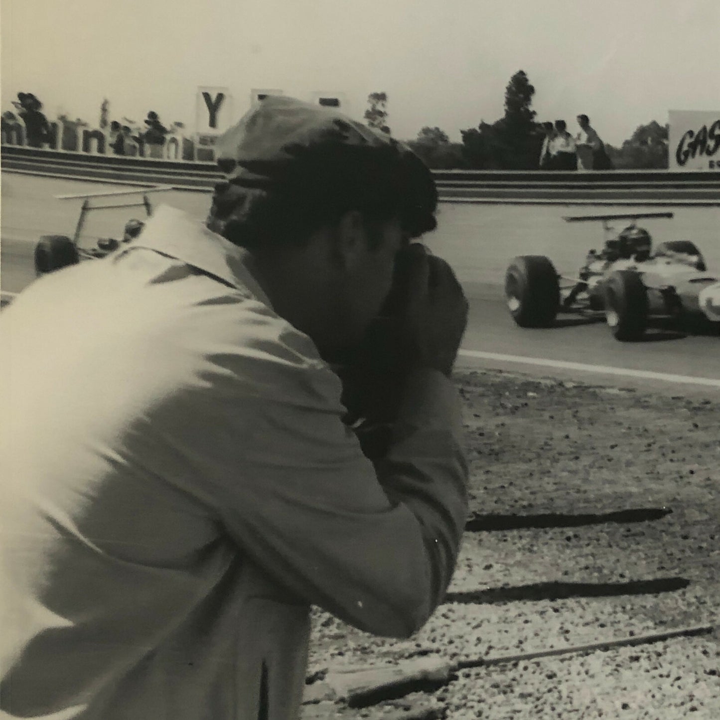 Vintage Racing Photo Photograph 1968 Juan Manuel Fangio Watching Grand Prix Car