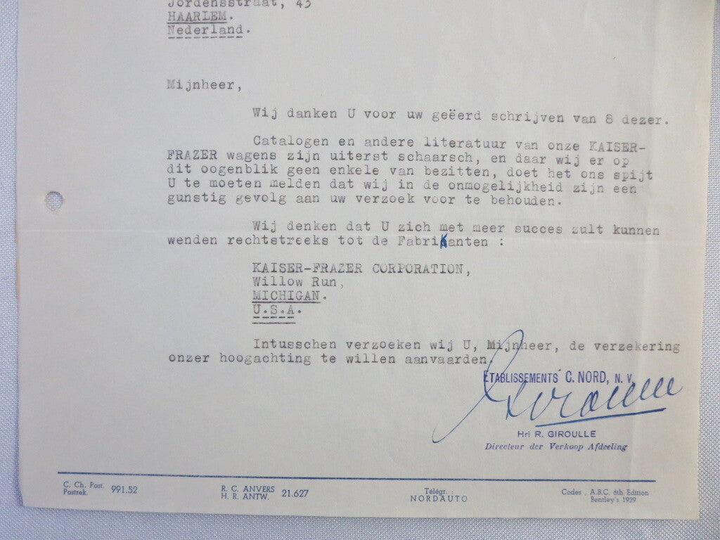 1947 Kaiser Frazer Belgian Distributor Dealer Letter Letterhead Document 