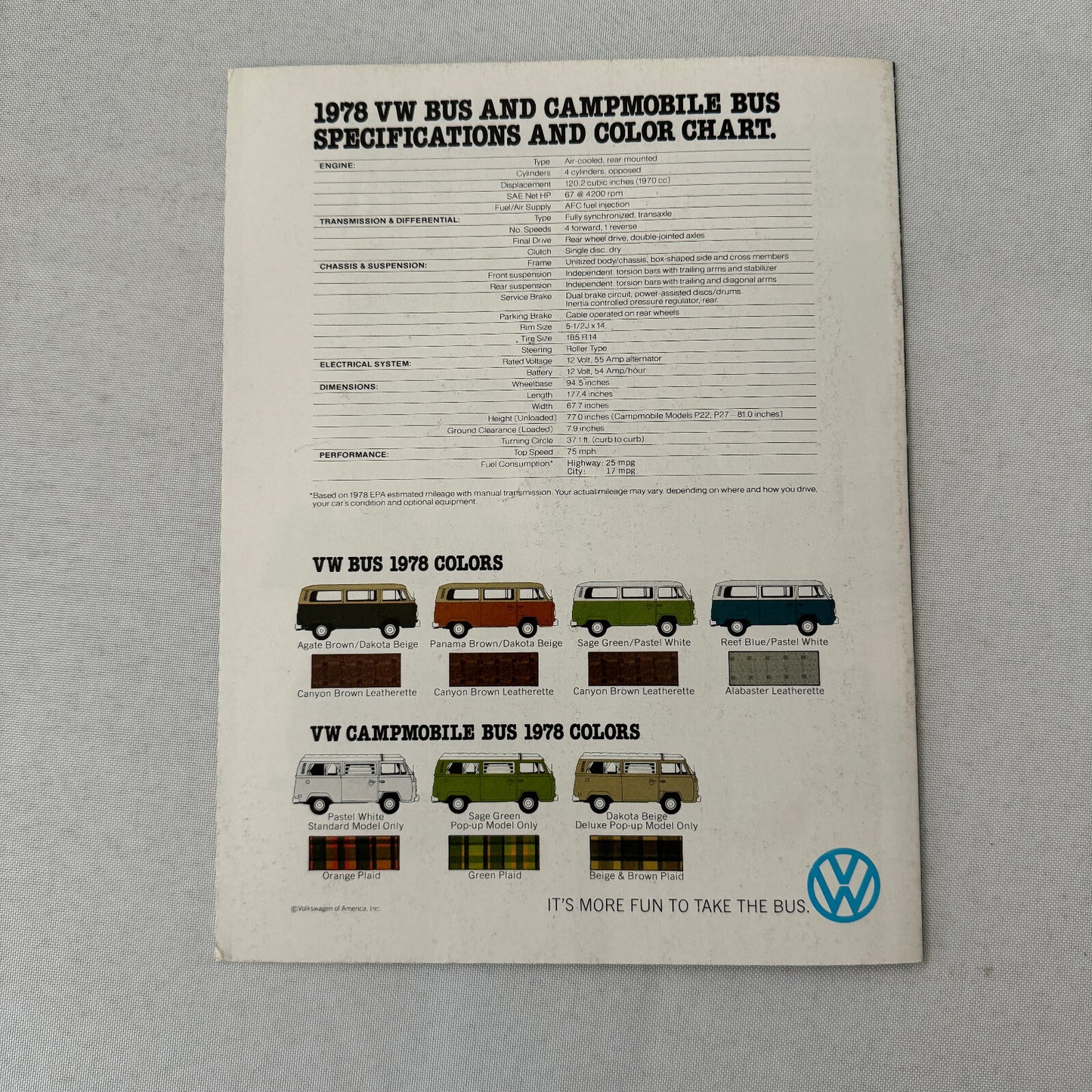 1978 Volkswagen Bus Sales Brochure Catalog Advertising VW Camper Van