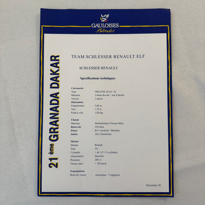 Granada Dakar Rally Renault ELF Team Jean Louis Schlesser 1999 Presss Kit
