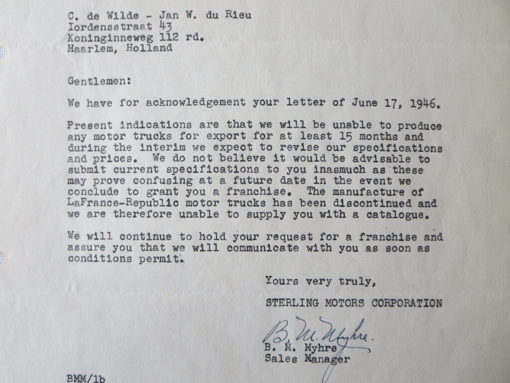 1946 Sterling Motor Truck Corporation Letter Letterhead Document 