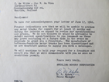 1946 Sterling Motor Truck Corporation Letter Letterhead Document 