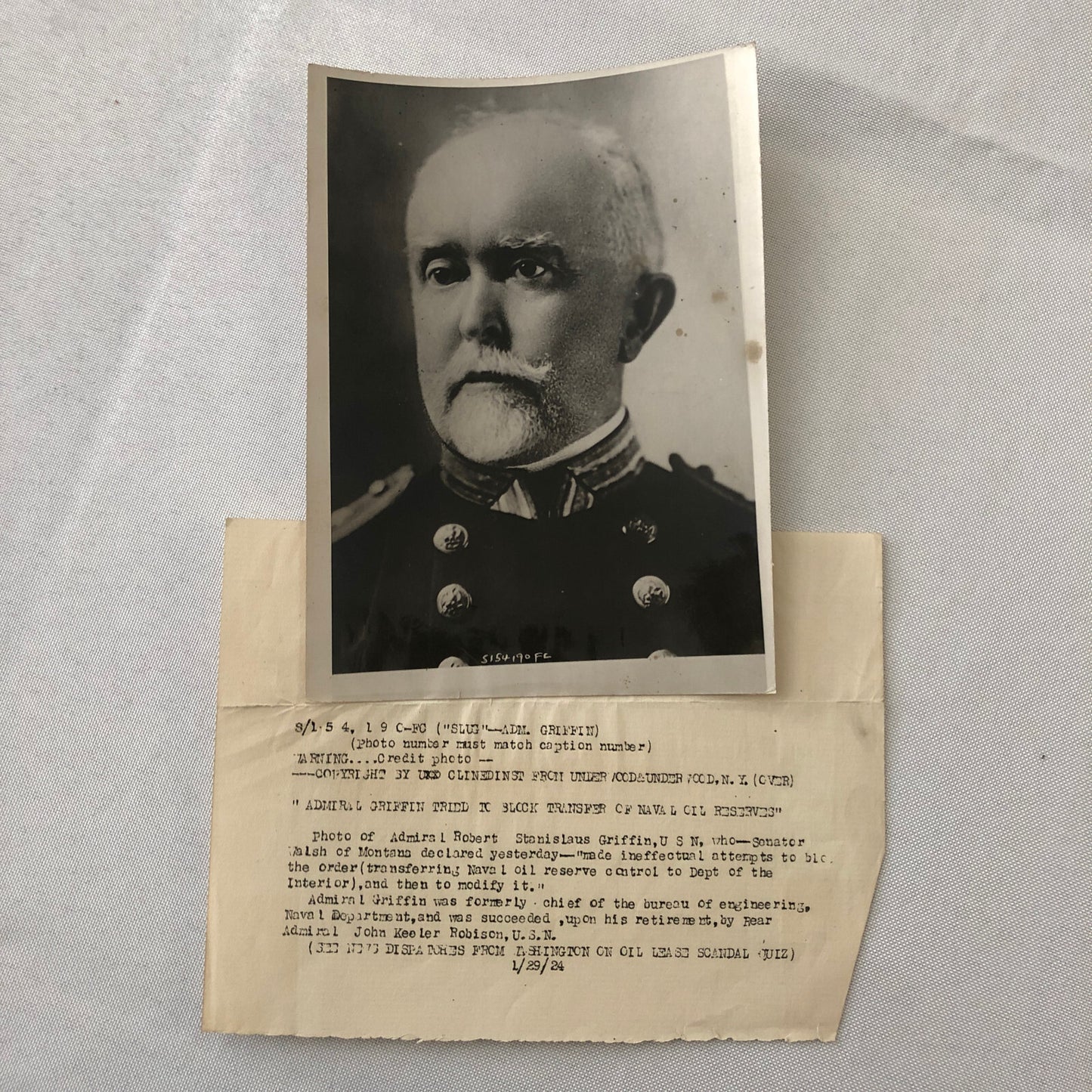 Press Photo Photograph Navy Admiral Robert Stanislaus Griffin 1924 Portrait