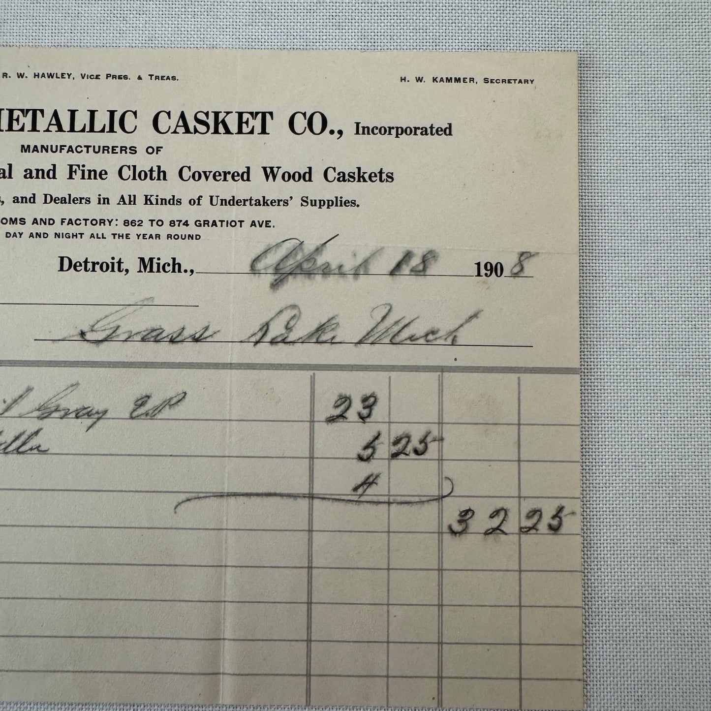 Detroit Metallic Casket Company 1908 Invoice Receipt Document Lot 3x Funeral