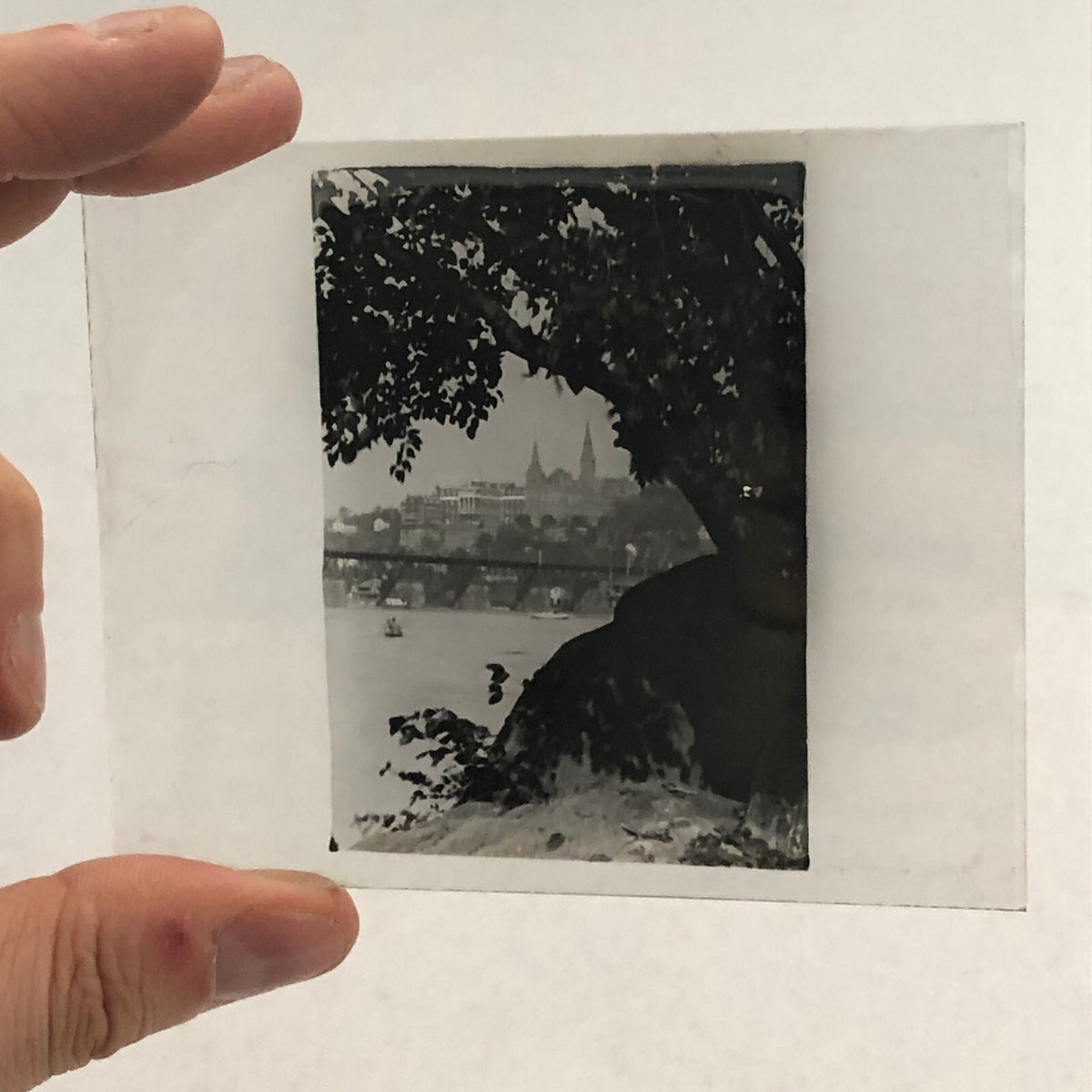 Antique Glass Plate Lantern Slide Photo Landscape Building Lake River