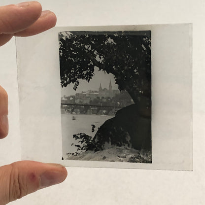 Antique Glass Plate Lantern Slide Photo Landscape Building Lake River