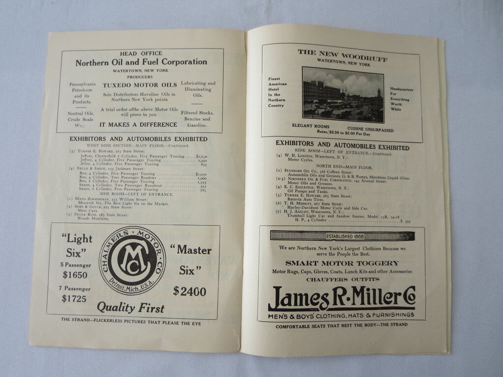 1915 Watertown New York Auto Show Program - Metz Indian Motorcycle Cadillac +