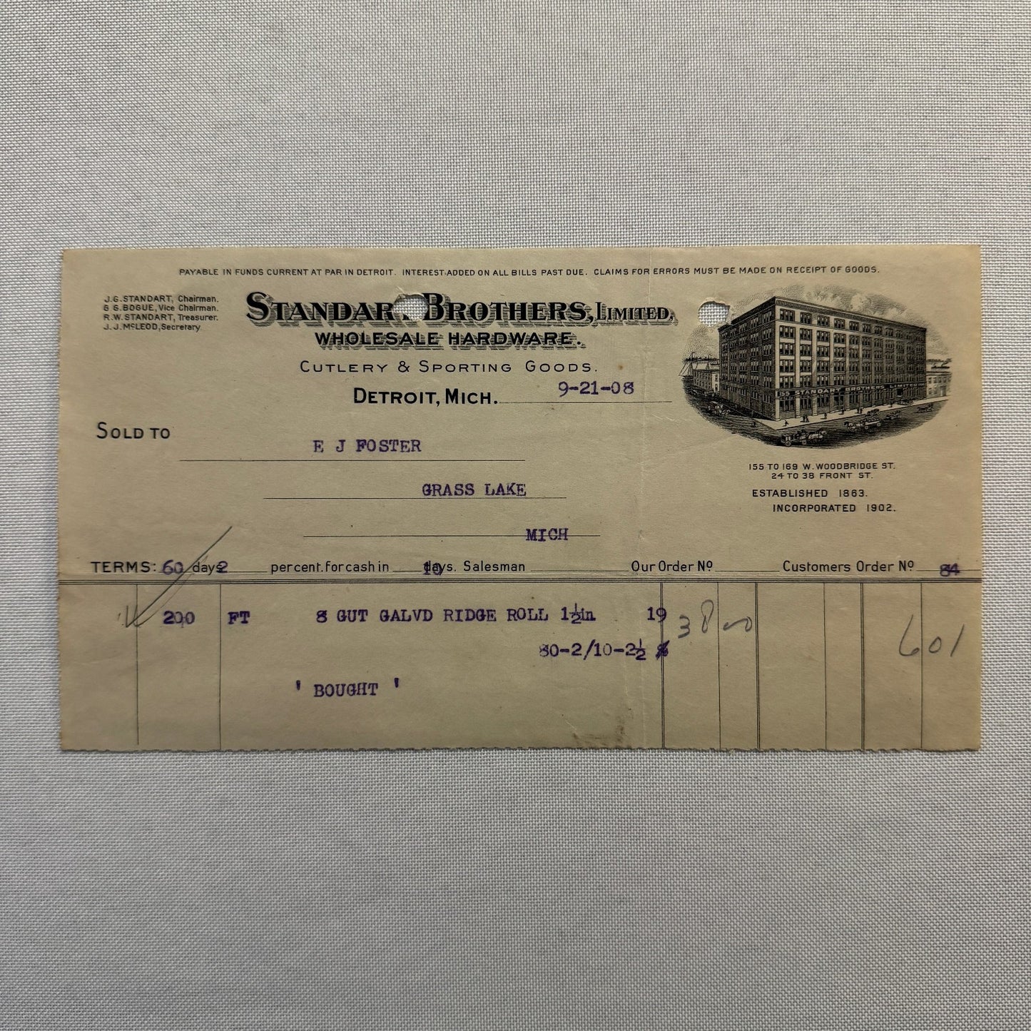 Standart Brothers Detroit Michigan Receipt Document Letterhead 1908 Lot 6x