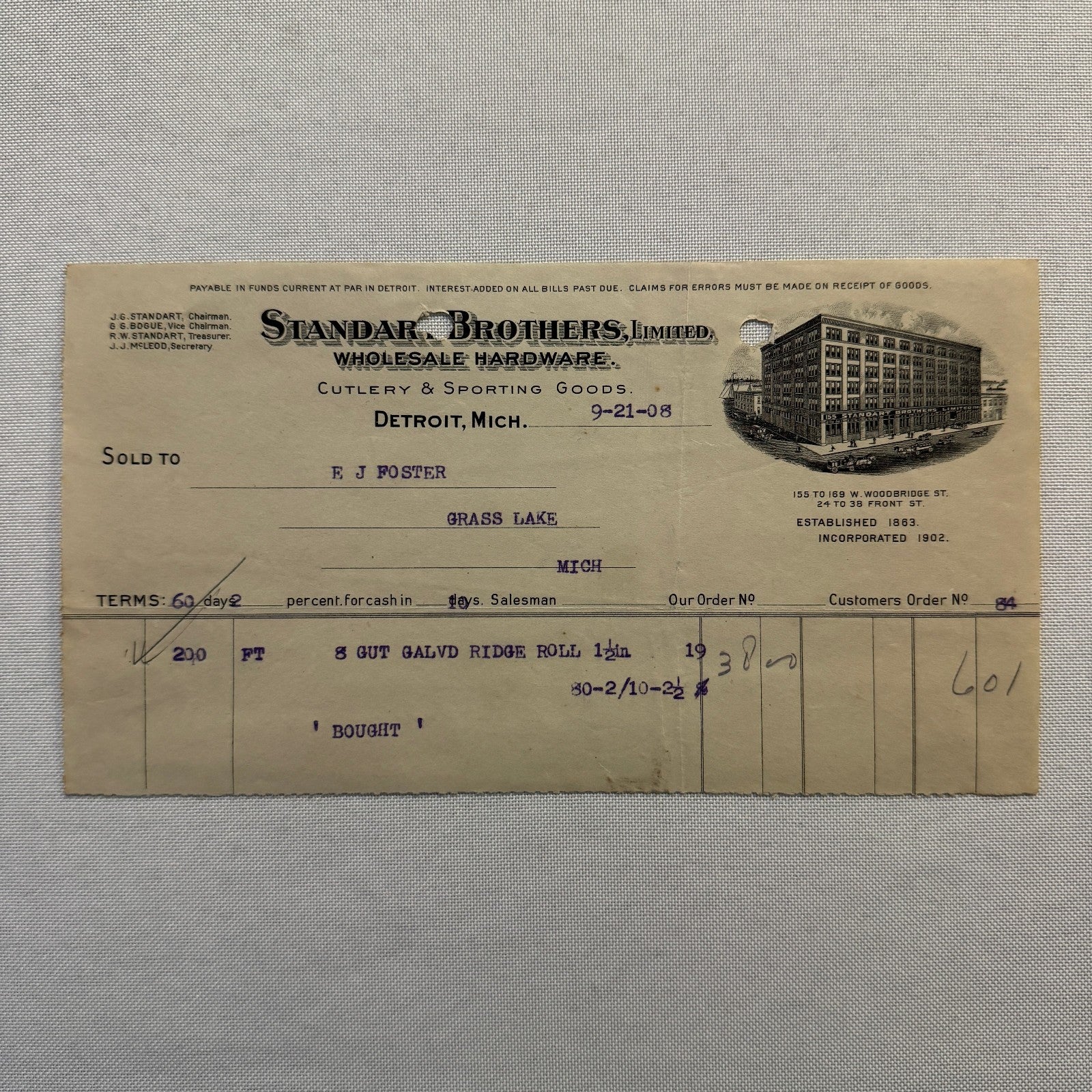 Standart Brothers Detroit Michigan Receipt Document Letterhead 1908 Lot 6x