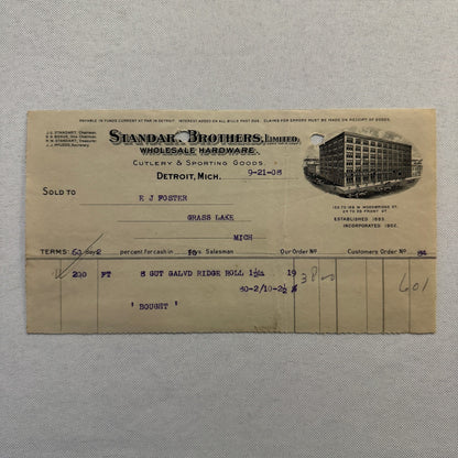 Standart Brothers Detroit Michigan Receipt Document Letterhead 1908 Lot 6x