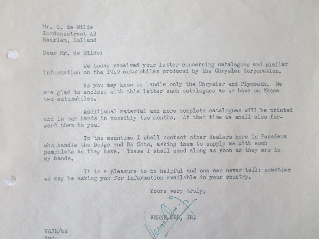 1949 Chrysler Plymouth Dealership Letter Verne Orr Motors Dealer Letterhead