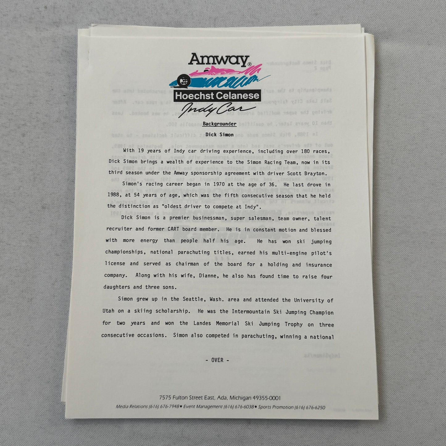 1991 Amway Indy Car Racing Press Kit Brochure Vintage Scott Brayton Driver