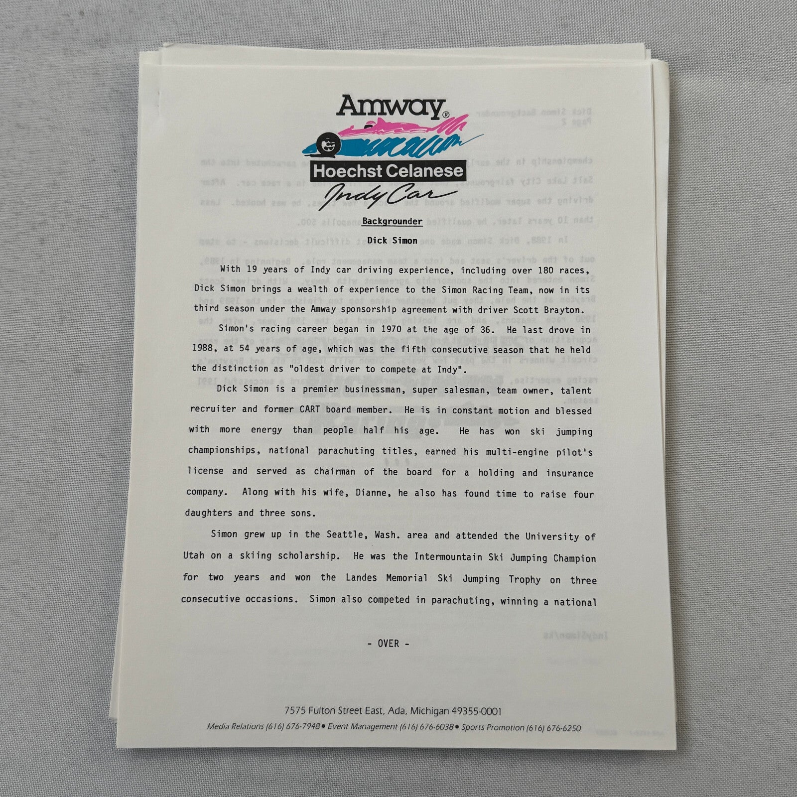 1991 Amway Indy Car Racing Press Kit Brochure Vintage Scott Brayton Driver
