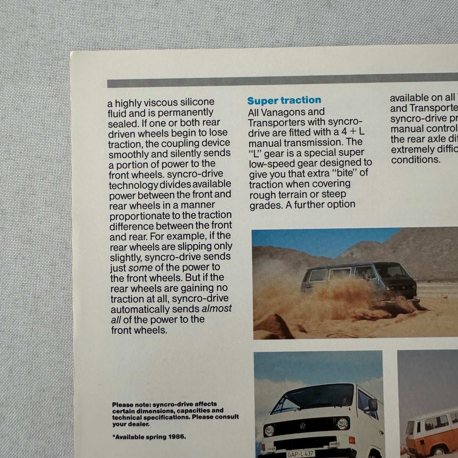 1986 Volkswagen VW Vanagon Van Syncro Drive Sales Sheet Brochure