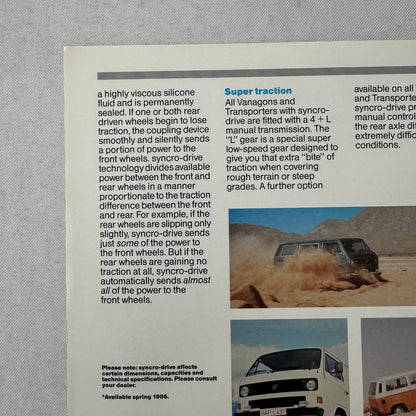 1986 Volkswagen VW Vanagon Van Syncro Drive Sales Sheet Brochure