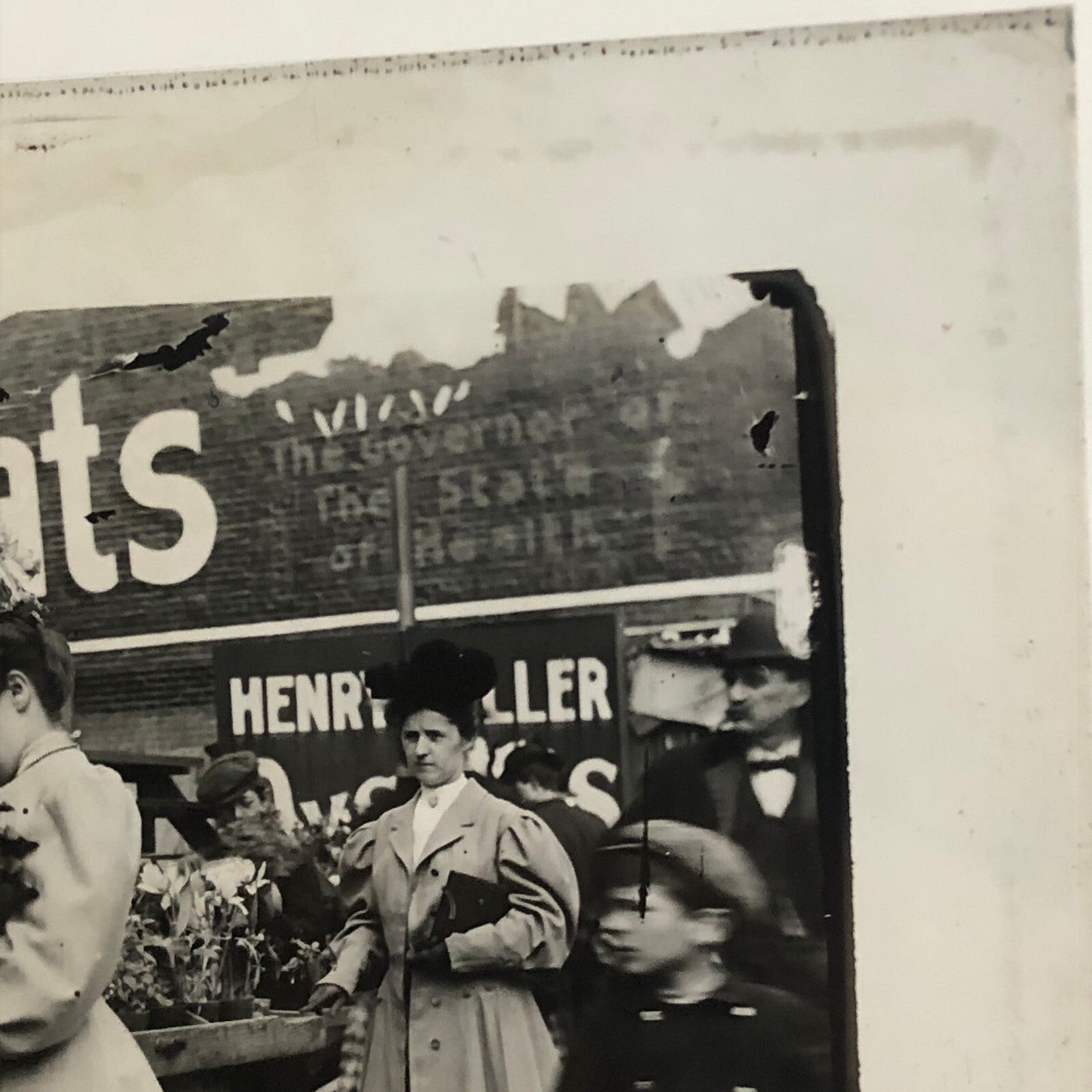 Antique Glass Plate Lantern Slide Photo Man Woman Child in Market Beard
