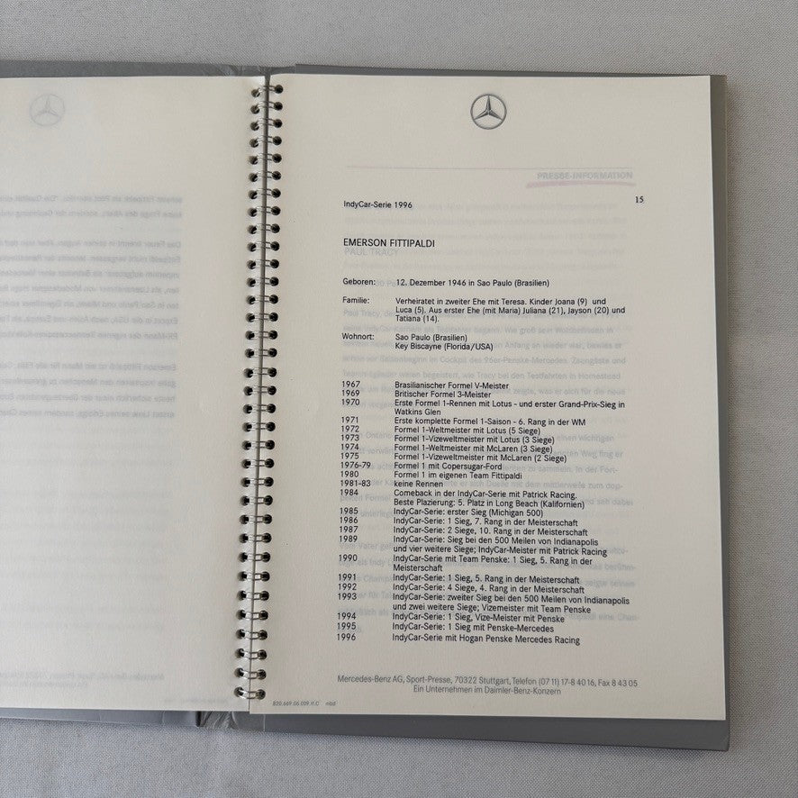 1996 Mercedes Marlboro Indy Car Racing Press KIt Paul Tracy Emerson Fittipaldi
