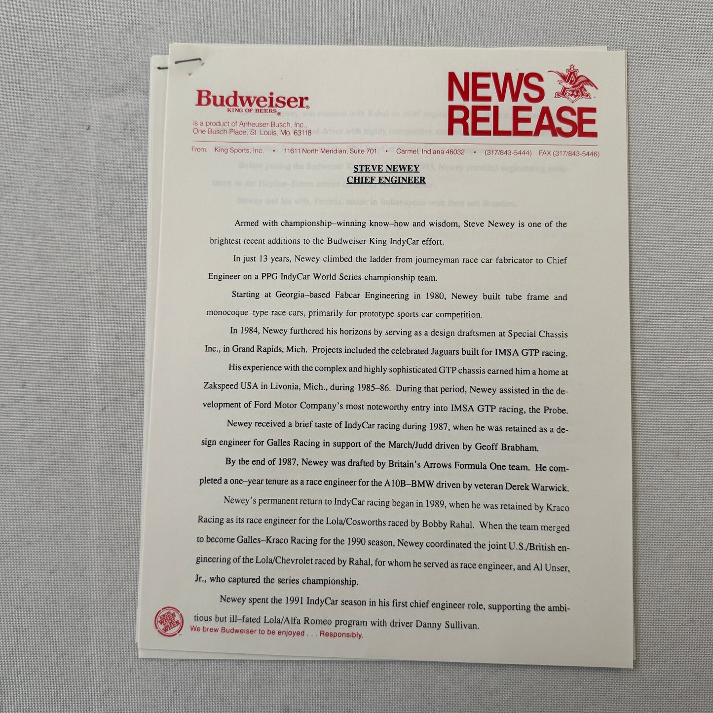 1993 Budweiser King Indy Car Racing Press Kit Roberto Guerrero