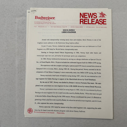 1993 Budweiser King Indy Car Racing Press Kit Roberto Guerrero