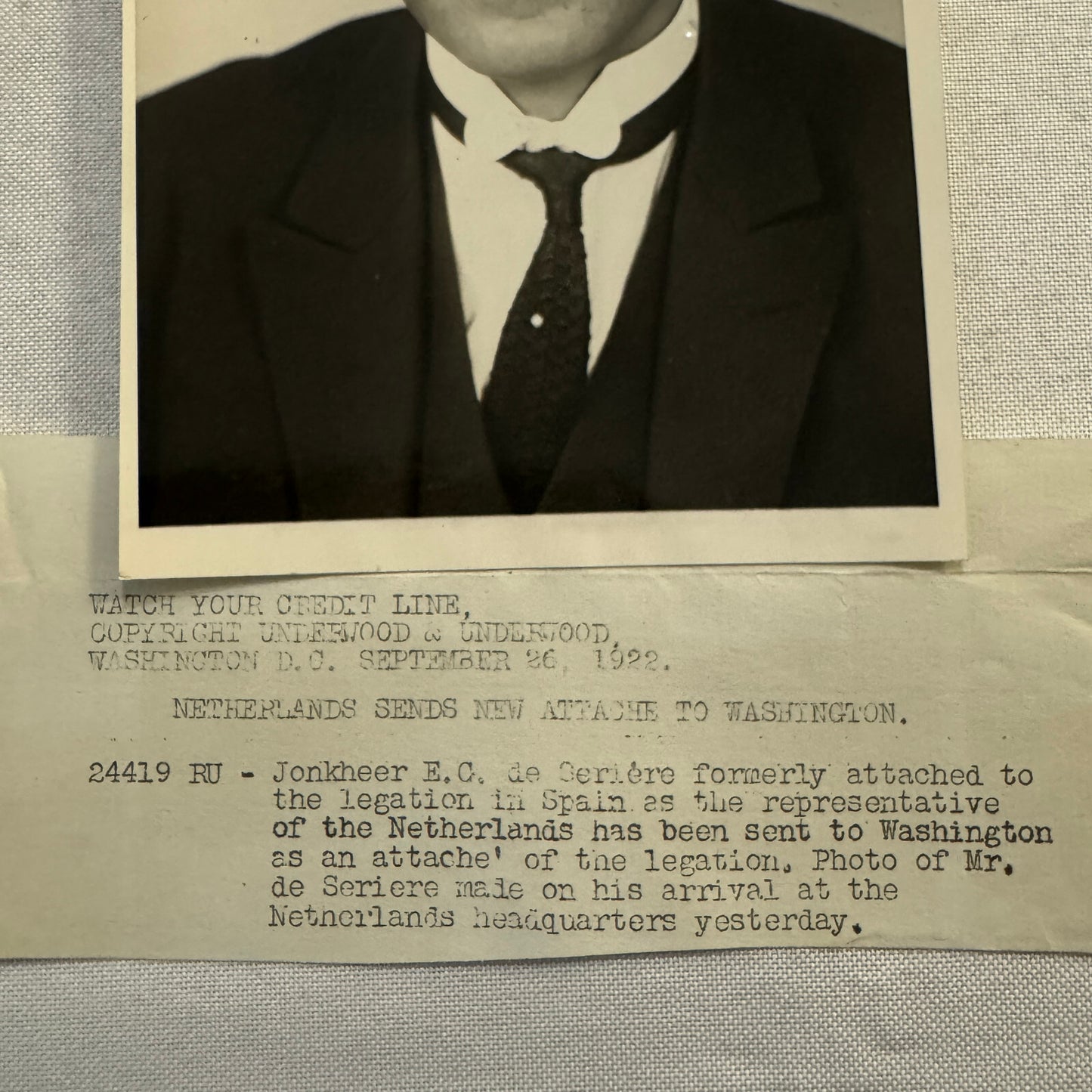 Dutch Netherlands Ambassador Attache to Washington Press Photo Photograph 1922