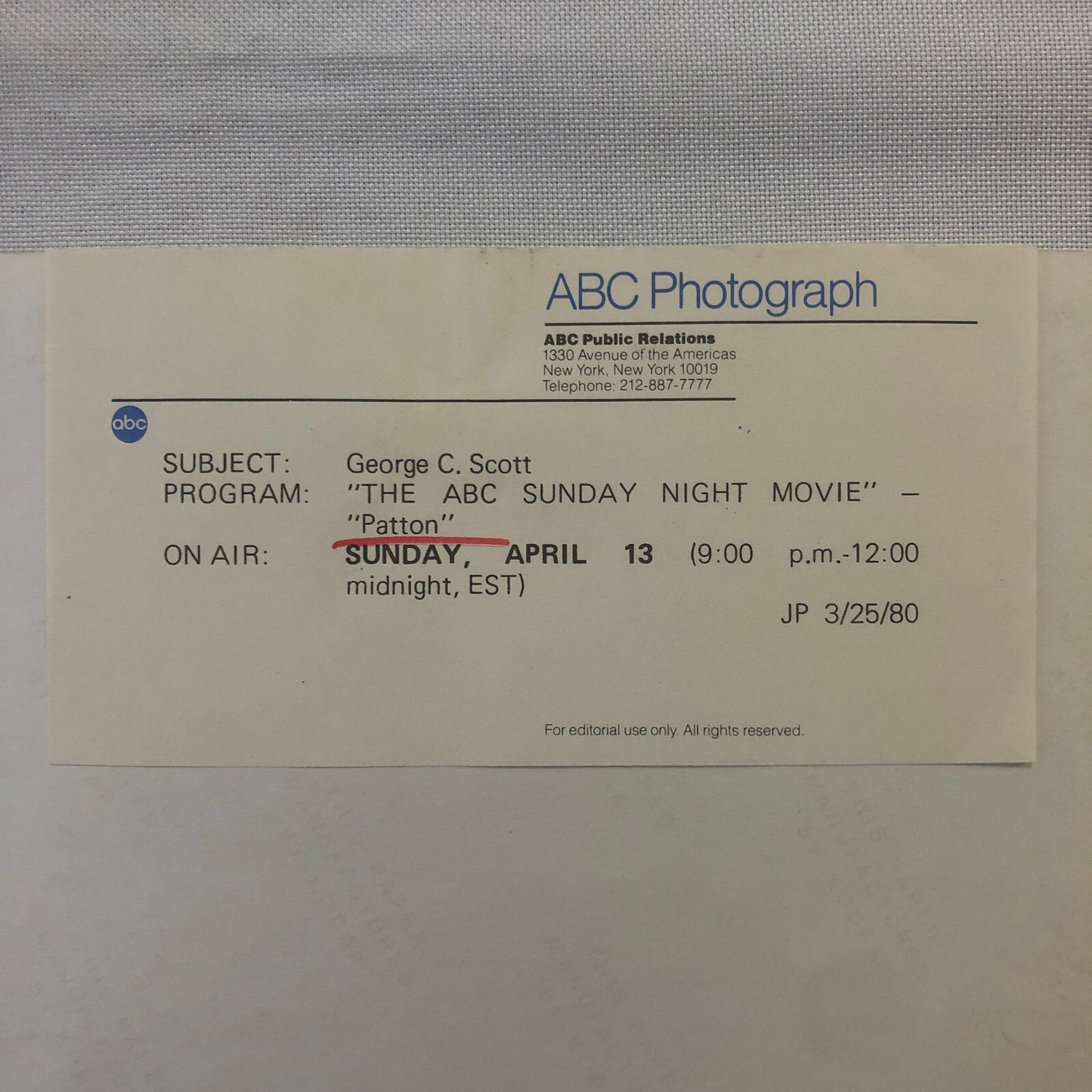 Patton Movie Film ABC Television Photo Photograph George C Scott George S Patton