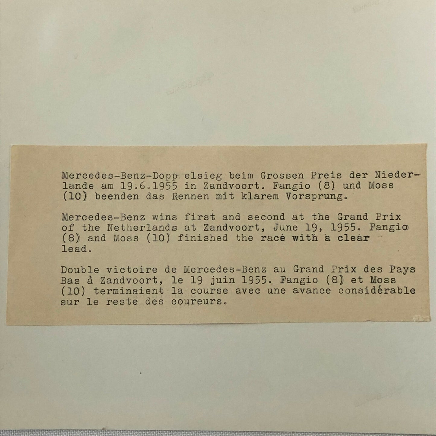 Vintage Juan Manuel Fangio and Stirling Moss Zandvoort Racing Photo Photograph 