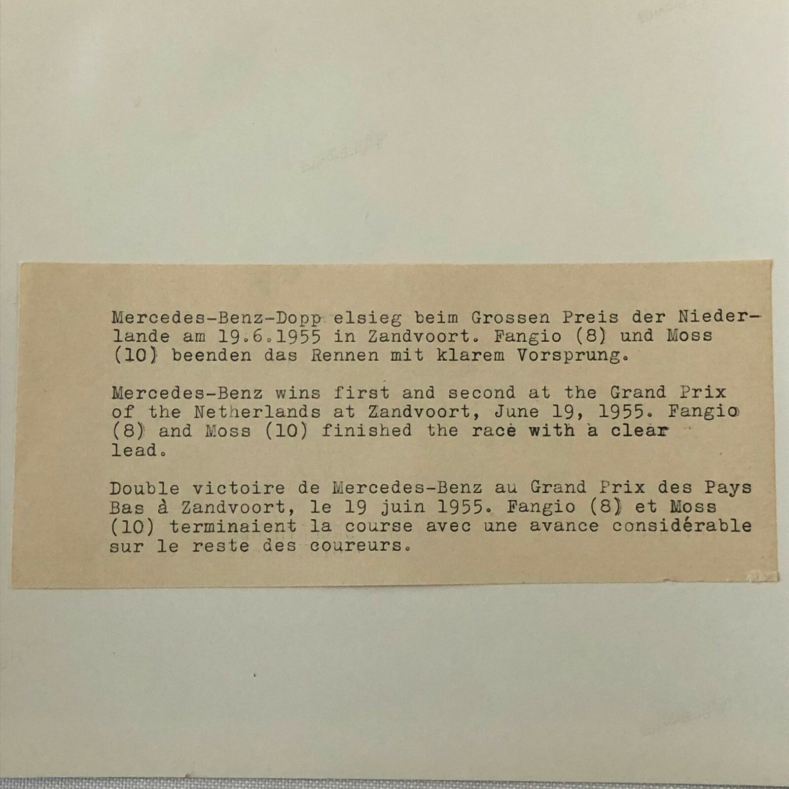 Vintage Juan Manuel Fangio and Stirling Moss Zandvoort Racing Photo Photograph 