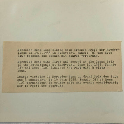 Vintage Juan Manuel Fangio and Stirling Moss Zandvoort Racing Photo Photograph 