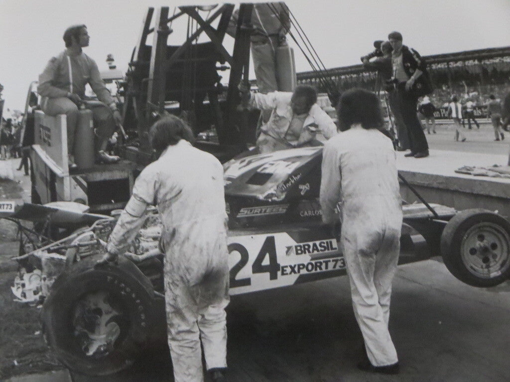 Vintage 1973 British Grand Prix Racing Photograph Photo - Carlos Pace Car Wreck 