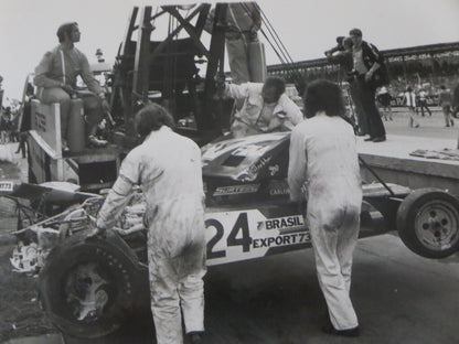 Vintage 1973 British Grand Prix Racing Photograph Photo - Carlos Pace Car Wreck 