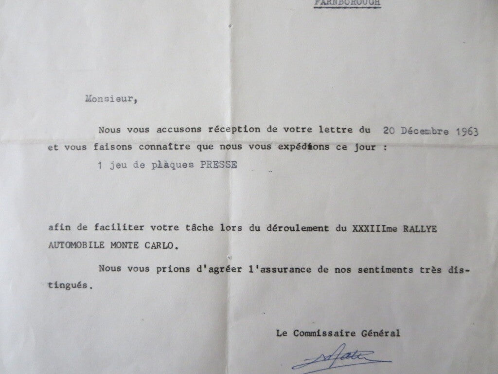 1964 Rallye Automobile Monte Carlo XXXIII Letter Letterhead Press Credentials 