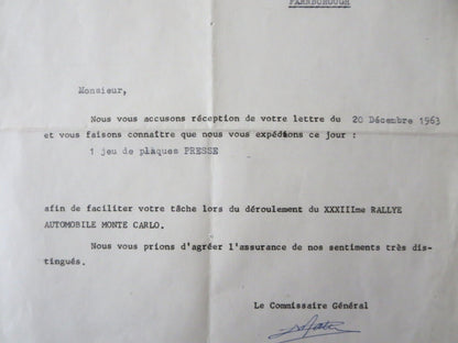 1964 Rallye Automobile Monte Carlo XXXIII Letter Letterhead Press Credentials 