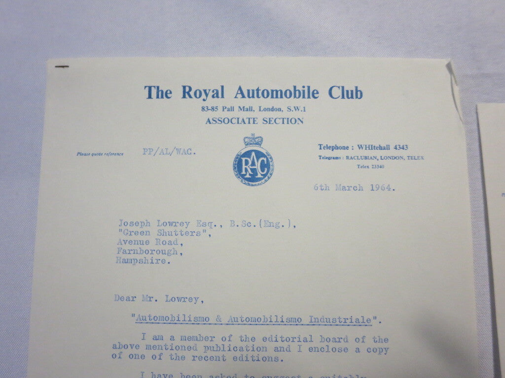 1964 Royal Automobile Club Letter Letterhead to Joseph Lowrey Journalist RAC 