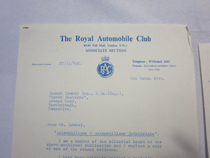 1964 Royal Automobile Club Letter Letterhead to Joseph Lowrey Journalist RAC 