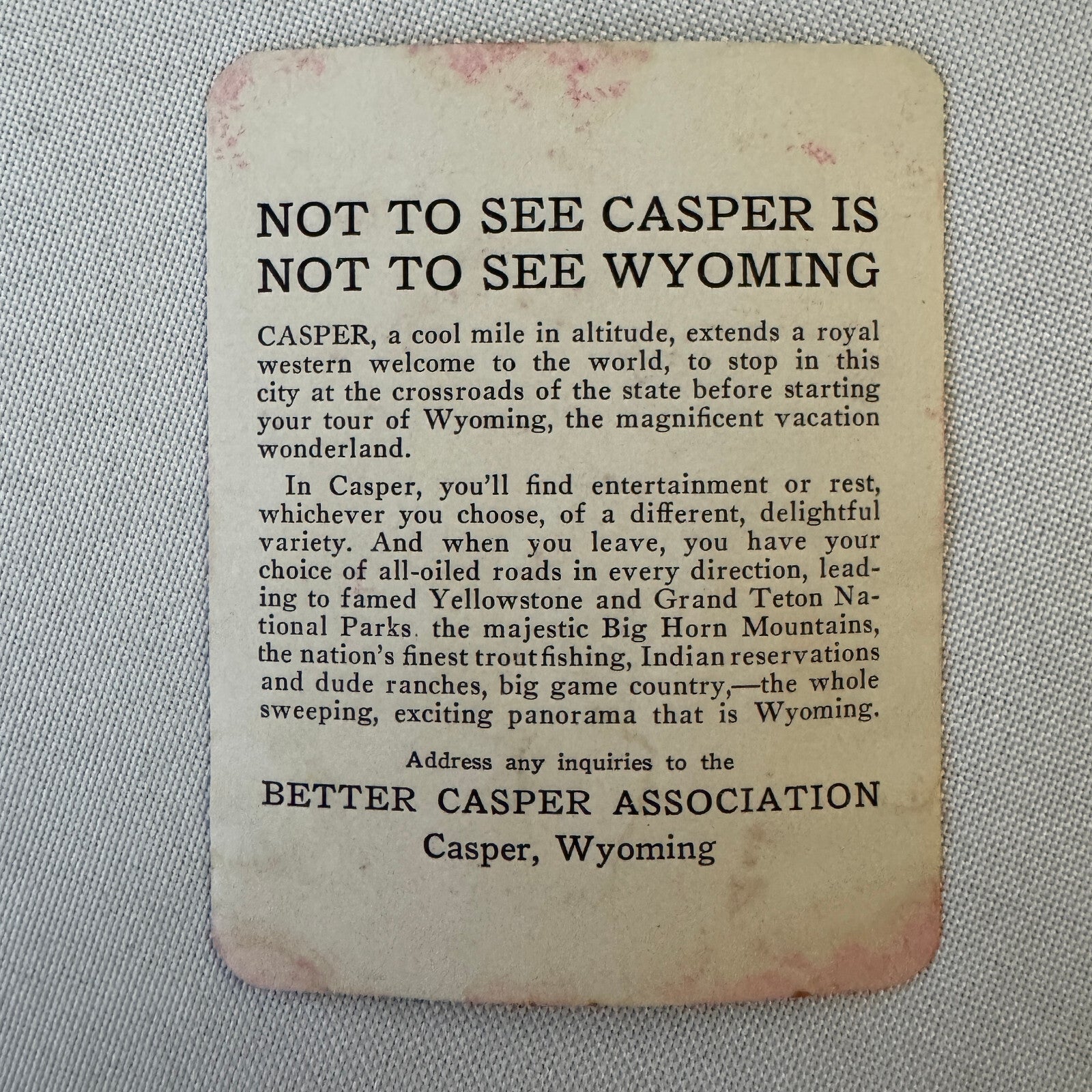 Vintage Travel Luggage Label Casper Wyoming