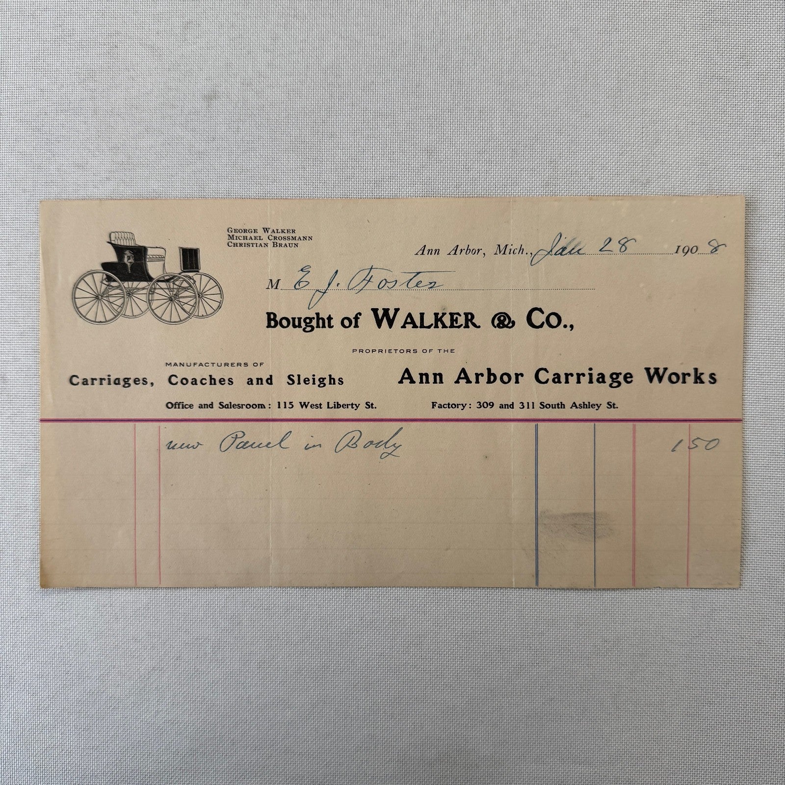 Walker and Company Receipt Letterhead Document 1908 Carriage Sleigh Ann Arbor MI