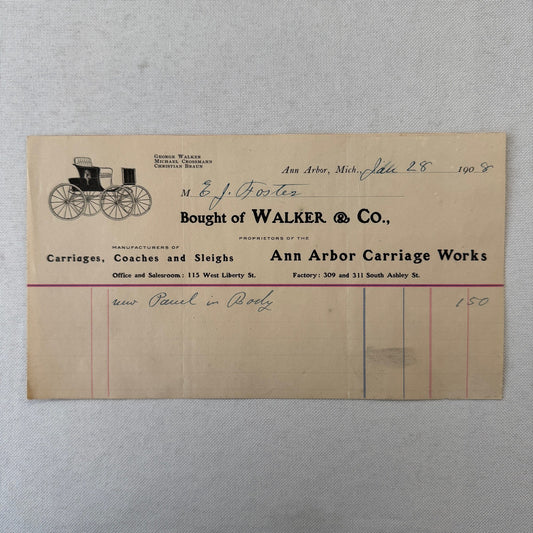 Walker and Company Receipt Letterhead Document 1908 Carriage Sleigh Ann Arbor MI