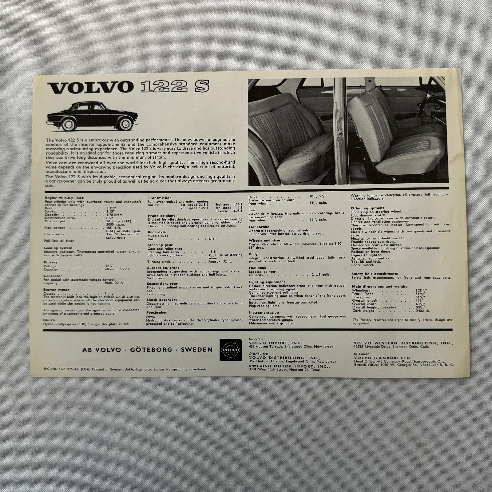 Volvo 122S Sedan Car Sales Brochure Catalog Vintage Advertising Volvo 122 S
