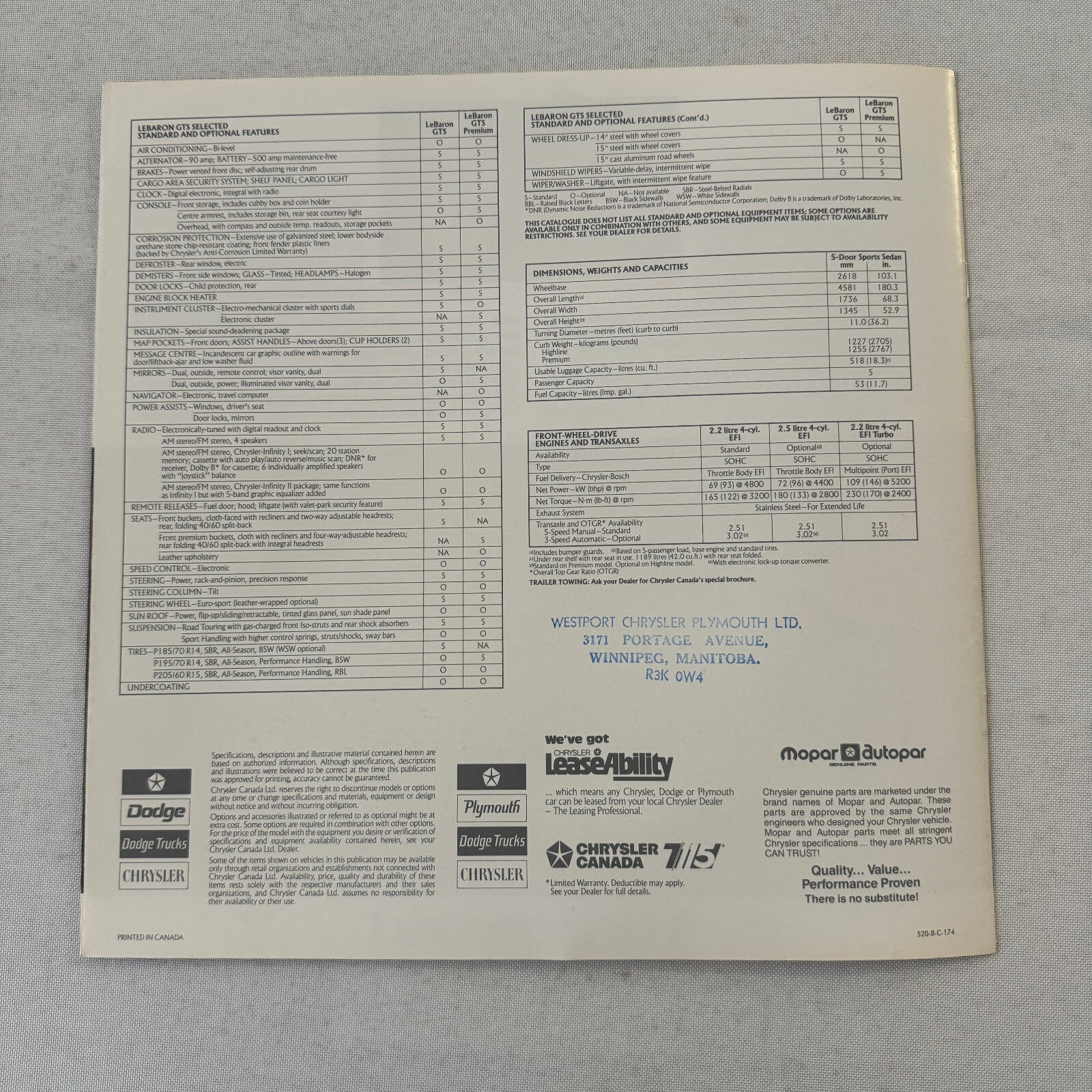 1988 Chrysler LeBaron GTS Car Sales Brochure Catalog Advertising