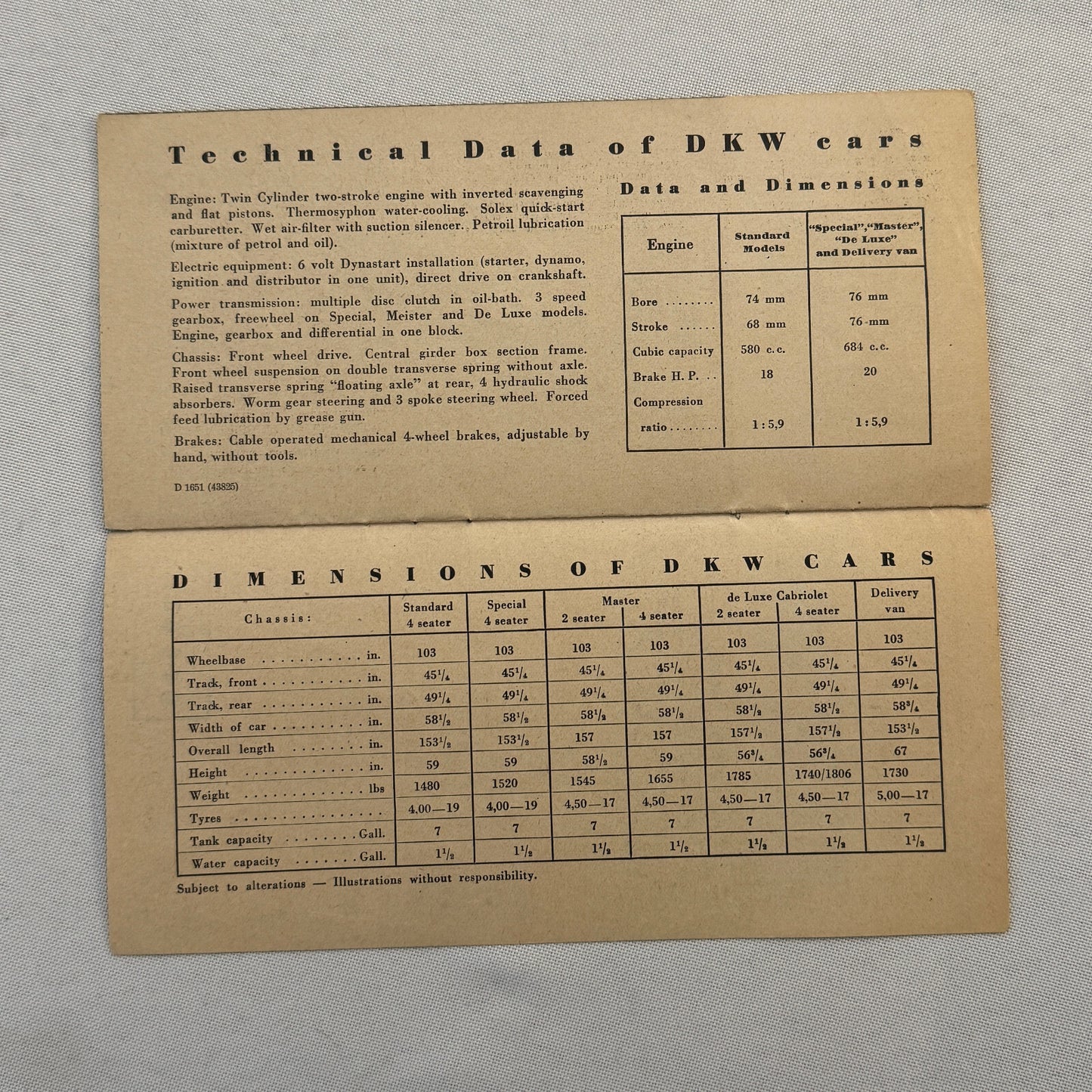 Auto Union DKW Car Sales Brochure Catalog Master Cabrio Saloon Delivery Van +