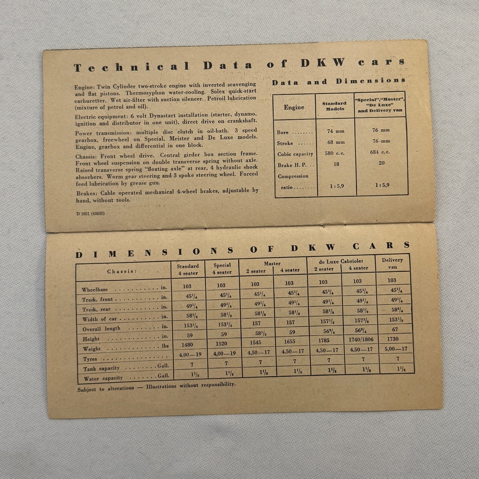 Auto Union DKW Car Sales Brochure Catalog Master Cabrio Saloon Delivery Van +