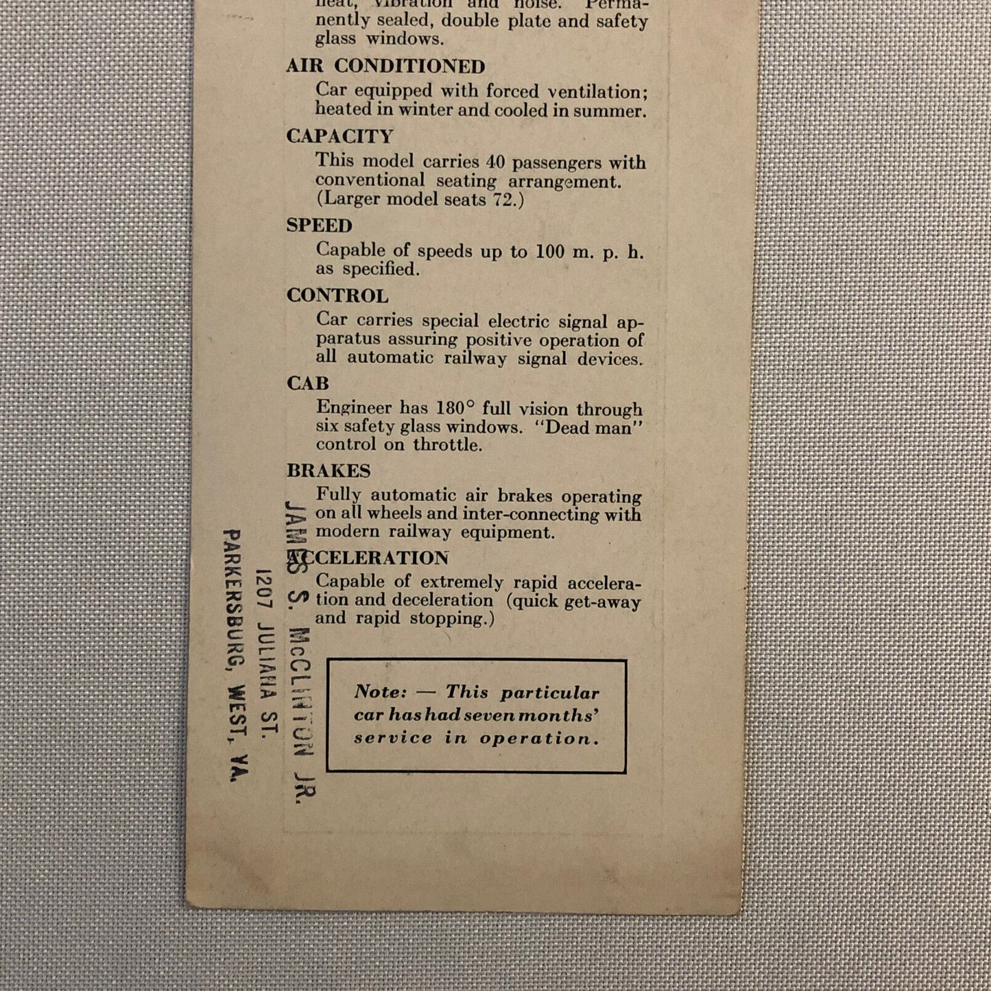 Vintage Clark Autotram Train Information Card  
