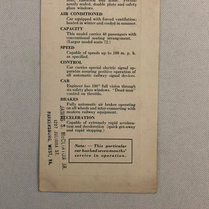 Vintage Clark Autotram Train Information Card  