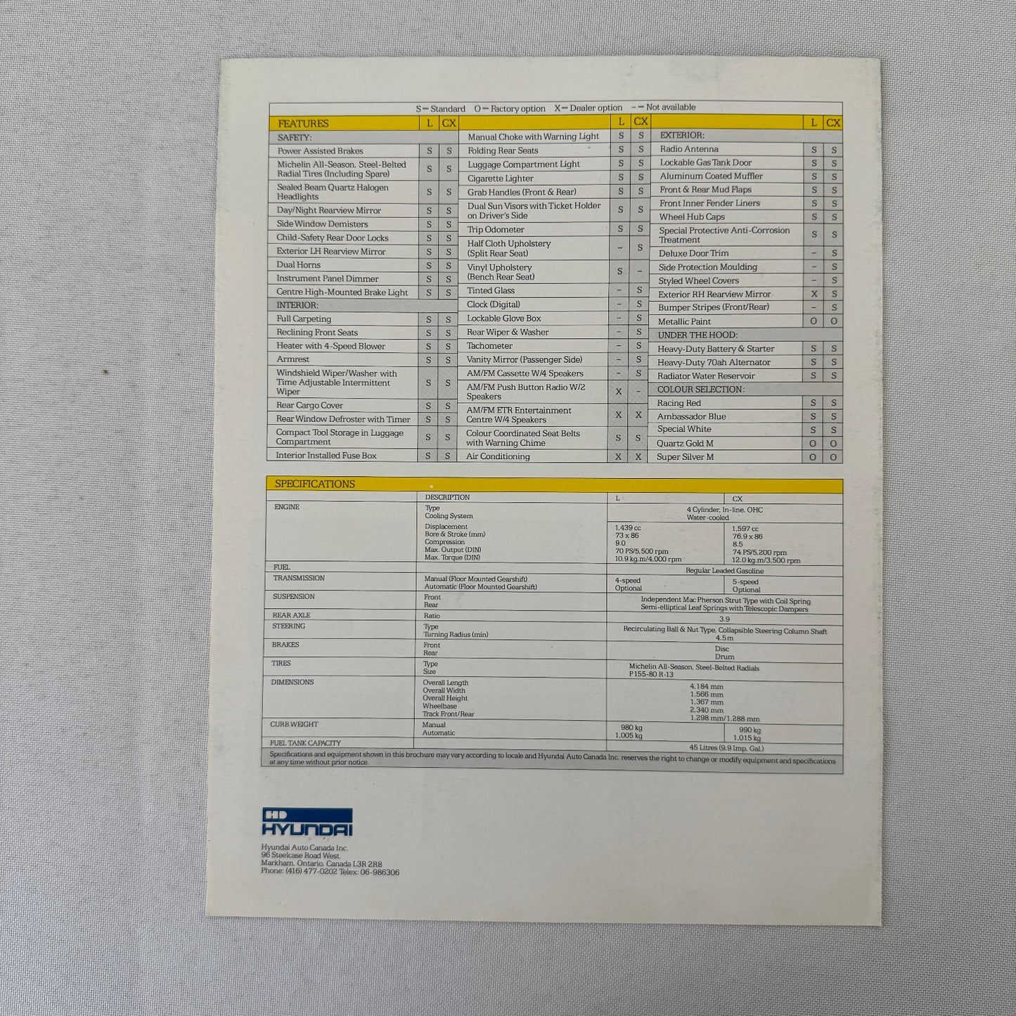 Vintage Hyundai Pony Car Sales Sheet Brochure Canadian Market