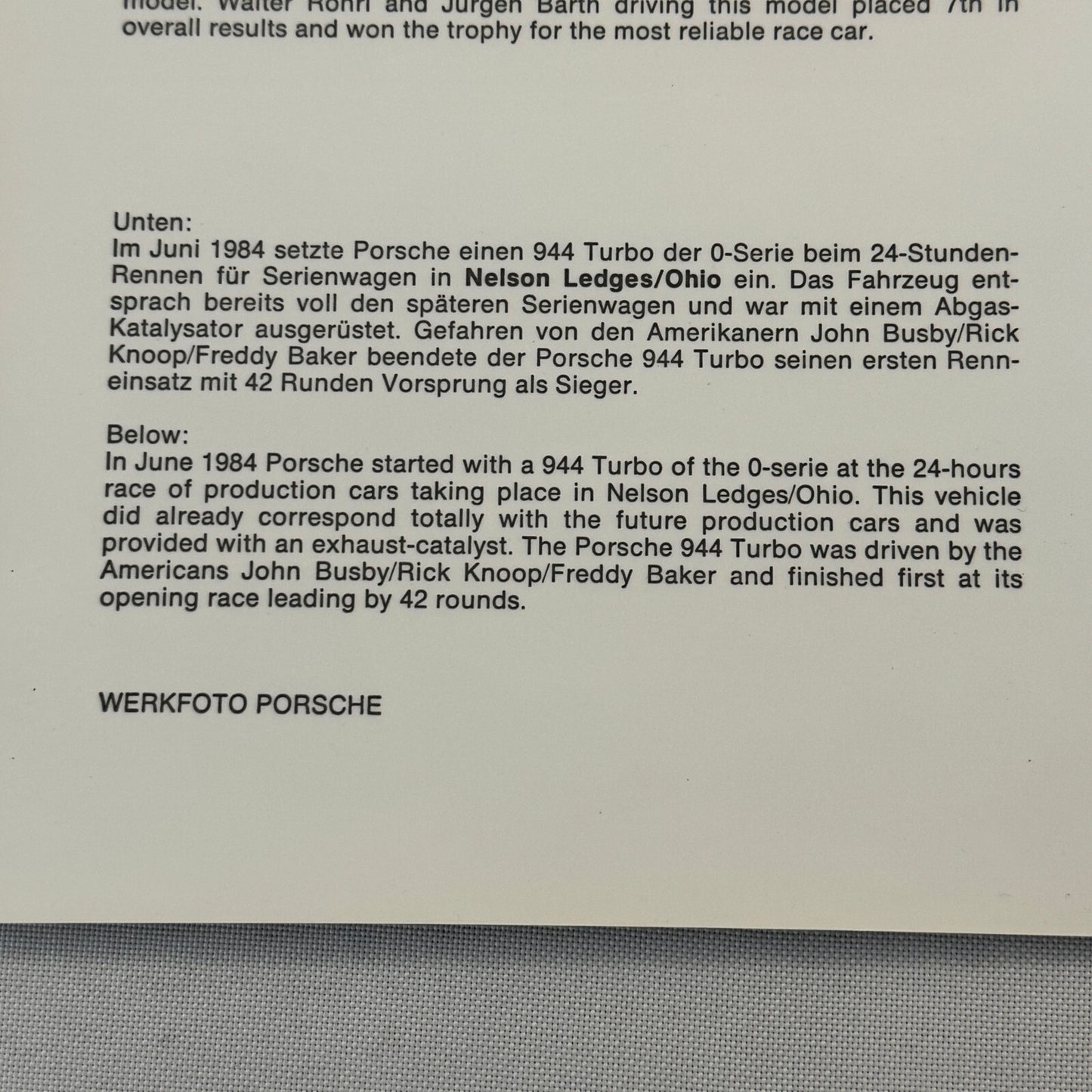 1984 Porsche 944 Turbo Racing Factory Press Photo Photograph Print