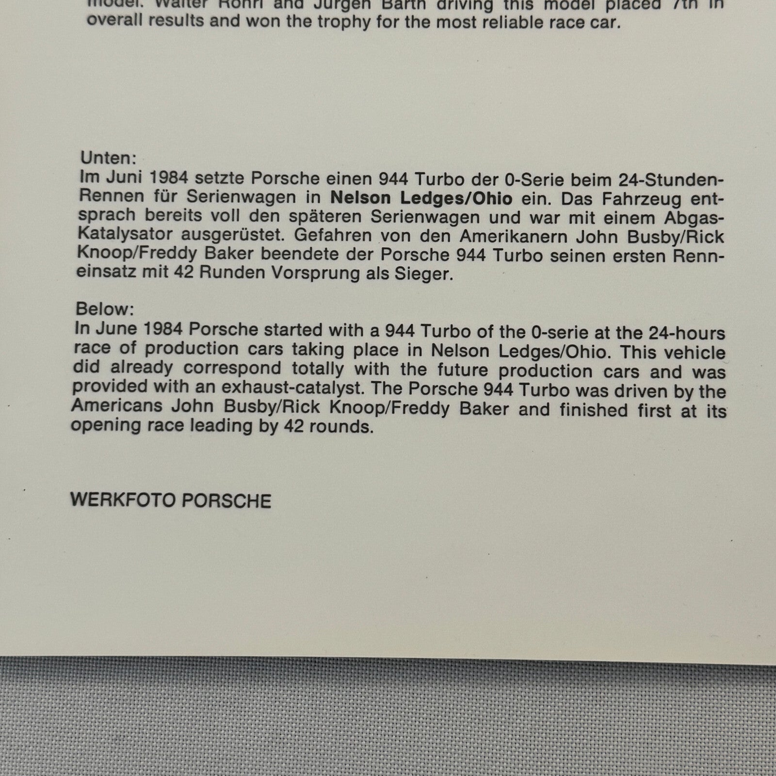 1984 Porsche 944 Turbo Racing Factory Press Photo Photograph Print