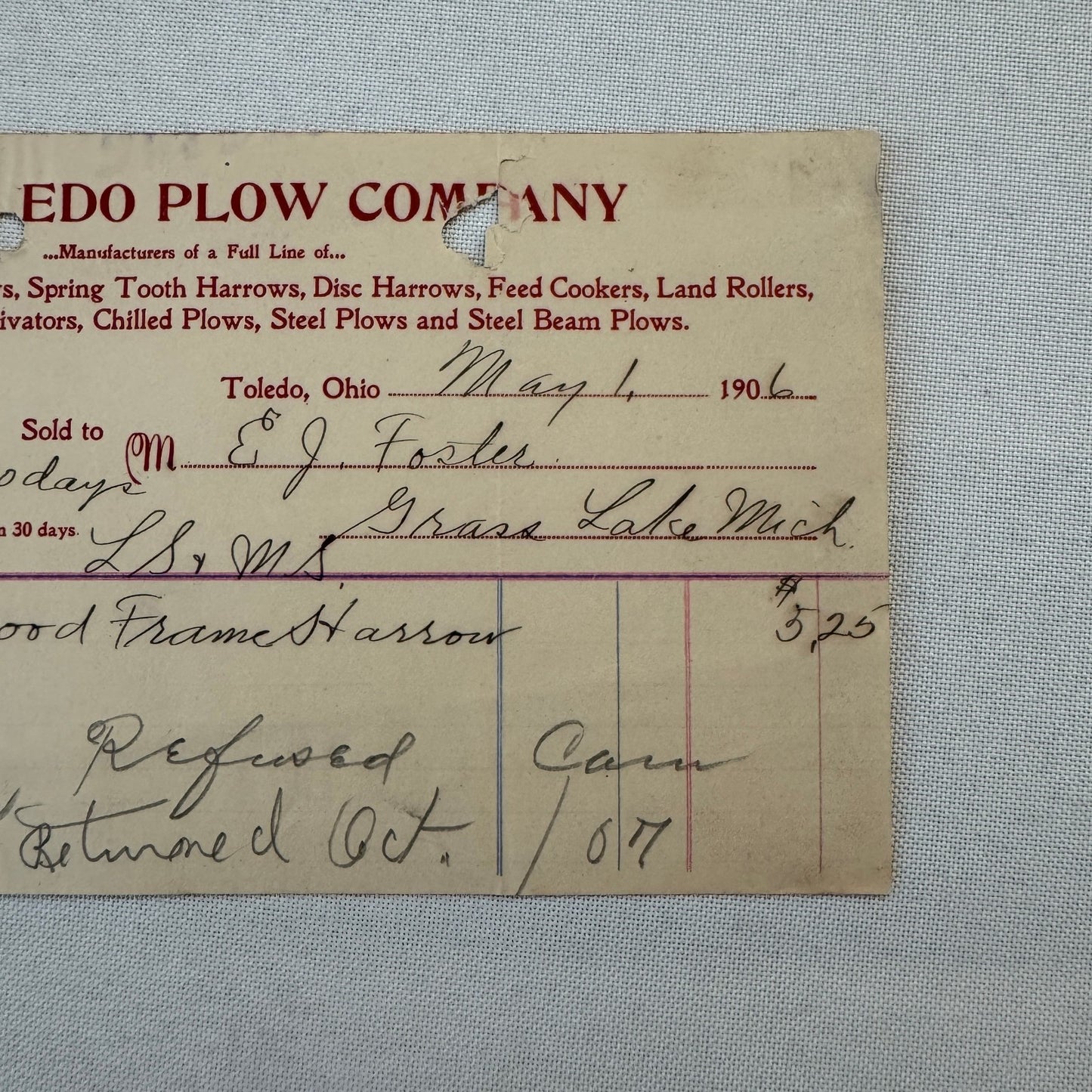 The Toledo Plow Company Invoice Receipt Document Lot 2x 1906 1908 Antique