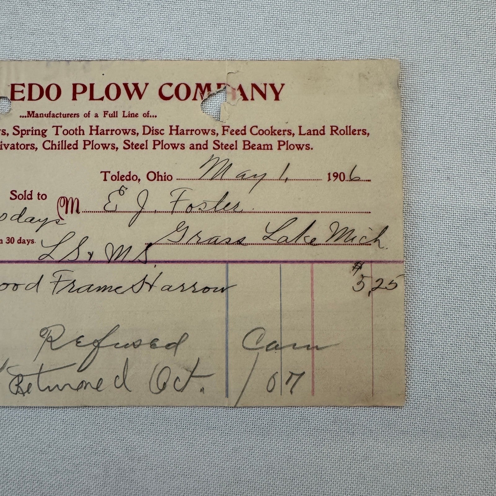 The Toledo Plow Company Invoice Receipt Document Lot 2x 1906 1908 Antique